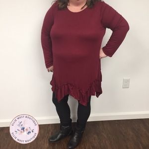 Plus Size!Burgundy Ruffled Tunic Top